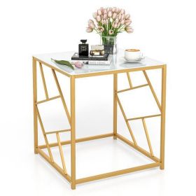 Gold Finish Square End Table with Tempered Glass Top and Geometric Frame