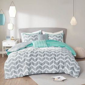 King Size Reversible Comforter Set in Grey White Aqua Teal Chevron Stripe