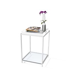 Modern Classic Silver Metal End Table with White Removable Tray and Tempered Glass Top and Bottom Shelves