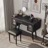 Elegant Black Vanity Makeup Table & Chair Set with 1 Drawer, 2 Begonia Glass Cabinet Doors, Writing Desk, and Charging Port Station