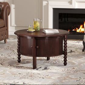 Vintage Round Coffee Table with Storage in 30.3" for Living Room, Mid Century Modern Cocktail Table with Sliding Door