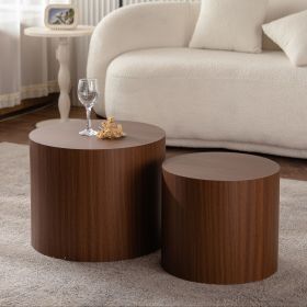 Set of 2, Nesting Coffee Table Set with Walnut Finish, Round Cylinder Shape, and Protective Foot Pads