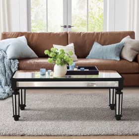 Silver Mirrored Coffee Table, Black Vintage Carved Wooden, Rectangle Glass Tea Table with Mirrored Finish