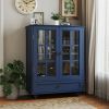 Minimalist Wooden Blue Buffet Sideboard Cabinet with Double Tempered Glass Doors, Adjustable Middle Shelf and Bottom Drawer