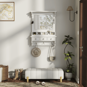 Floating Wall-Mounted Makeup Storage Vanity with HD Mirror, 3 Drawers, 5 Pockets, and 5 Metal Hooks