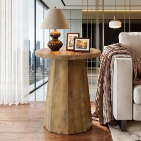 Round Farmhouse End Side Table with Octagonal Base and Natural Wood Grain Texture Finish