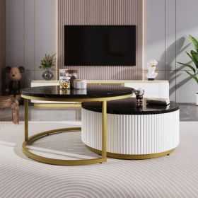 Modern Round Nesting Coffee Tables in Black, Gold & White with Fluted Base Design and 1 Built-In Drawer