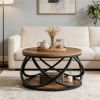 31.5” Round Coffee Table with Bottom Shelf and Cross Design Metal Frame