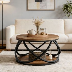 31.5” Round Coffee Table with Bottom Shelf and Cross Design Metal Frame