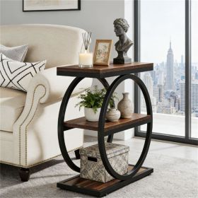 3 Tier End Side Table with Double O Shape Frame Design in Rustic Brown Finish