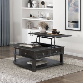 Charcoal Lift Top Coffee Table with Hidden Storage, Dovetail Drawer and Open Shelves