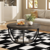 Round Wood Grain Finish Coffee Table with 2 Tiers, Arc-Shaped Metal Frame Design and Open Bottom Shelf