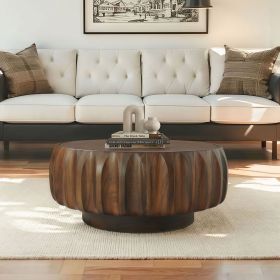 Round Solid Wood Carved Coffee Table with Elegant Sculptural Design