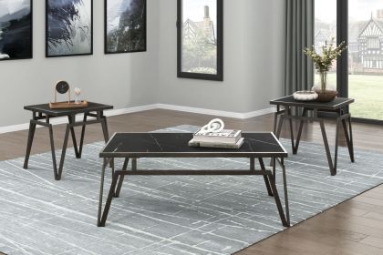3 Piece Contemporary Black Sintered Stone Table Set with 1 Coffee Table and 2 End Tables