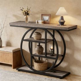 Rustic Rectangle Console Table with 4 Staggered Tiers, Circular Black Metal Base and Adjustable Foot Pads