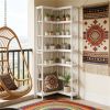 White Corner Bookshelf Display Rack with 7 Tiers, Dual Sided Storage, and Hexagonal Shape
