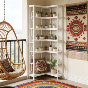 White Corner Bookshelf Display Rack with 7 Tiers, Dual Sided Storage, and Hexagonal Shape