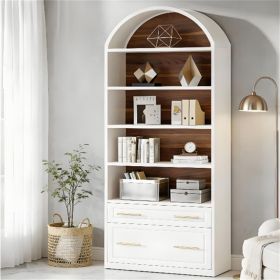 5 Tier White Arched Bookshelf Display Cabinet Rack with Storage & Filing Cabinet Drawers