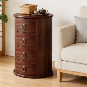 Mid-Century End Side Table with 4 Drawers, Bronze Antique Handles and Round Cylinder Shape