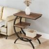 Double C-Shaped End Table with 3 Tier Storage, Rustic Brown Finish and Black Metal Frame