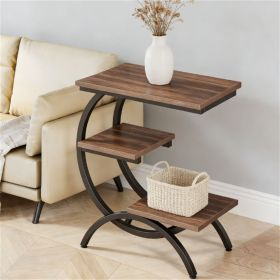 Double C-Shaped End Table with 3 Tier Storage, Rustic Brown Finish and Black Metal Frame