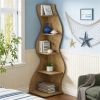 Corner Fitted Bookshelf Display Rack with Curved Wavy Design and 5 Open Shelves