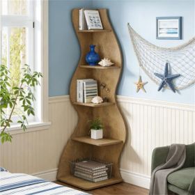 Corner Fitted Bookshelf Display Rack with Curved Wavy Design and 5 Open Shelves