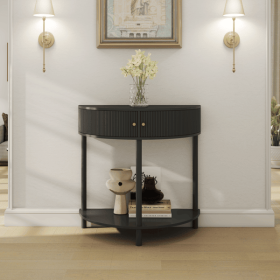 Artisan-Crafted Wave-Pattern Demi-Lune Console Table with Unique Half Moon Design, 2 Drawers, and Open Bottom Shelf