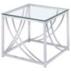 Brianne Chrome Square Clear Glass Top End Table with Geometric Design Base and Polished Metallic Finish