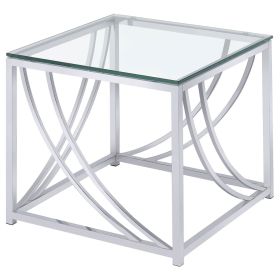 Brianne Chrome Square Clear Glass Top End Table with Geometric Design Base and Polished Metallic Finish