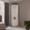 White Corner Bar Cabinet with Built-In Glass Rack, 4 Storage Shelves, 2 Bottom Drawers and 8 Bottle Holder Compartments