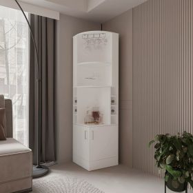 White Corner Bar Cabinet with Built-In Glass Rack, 4 Storage Shelves, 2 Bottom Drawers and 8 Bottle Holder Compartments