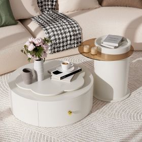 U-Can Modern Round Coffee Table Set of 2 with 360-Degree Rotatable Flower-Shaped Top, 2 Drawers and End Table with Brown Glasstop
