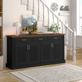 63" Fluted Sideboard Buffet Storage Cabinet with 4 Doors and 3 Drawers in Black and Brown Finish