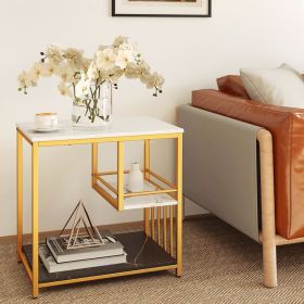 3-Tier Multi-Function Faux Marble End Table with Open Storage Shelves and Protective Guard Rail for Bottom Shelves