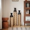 Floor Metal Decorative Cylindrical Vases, Set of 3 Gold & Black with Hammered Glazed Finish, and Funnel Shaped Neck