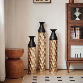 Floor Metal Decorative Cylindrical Vases, Set of 3 Gold & Black with Hammered Glazed Finish, and Funnel Shaped Neck