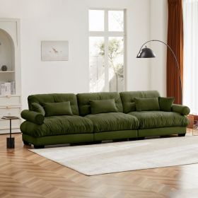 Extra Large 3 Seat Modern Velvet Olive Green Sofa with 3 Matching Waist Pillows and 2 Matching Throw Pillows