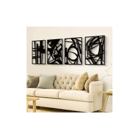 4 Pack Black Abstract Metal Wall Art with 3D Hollow Out Design and Laser Cut Craftsmanship