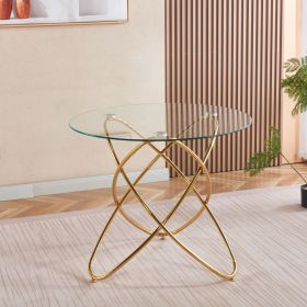 Round Dining Table with Adjustable Length Option, Gold Metal Geometric Legs and Clear Tempered Glass Top