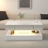 16.93” LED White Modern Coffee Table with Remote Control, 2 Tiers, 1 Top Storage Drawer and Pedestal Base