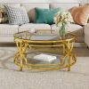 30.7” Round Tempered Glass Coffee Table with Luxurious Gold Geometric Metal Frame and Open Bottom Shelf