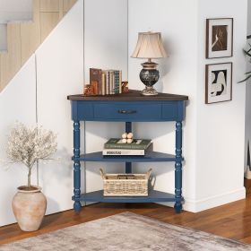 33.8” Small Triangle Corner Table with 3 Tiers, 2 Open Bottom Shelves and 1 Top Drawer