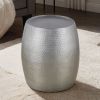 21” Modern Aluminum End Table with Hand Hammered Design, Drum Shaped and Glossy Antique Silver Finish