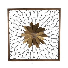 30” Ashlyn Bloom Wall Decor with Gold Floral Center, Wire Petals and Natural Wood Square Frame