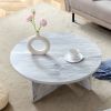 31.4” White Round Coffee Table with Faux Marble Pattern, Two Wide Legs and Non Slip Mats