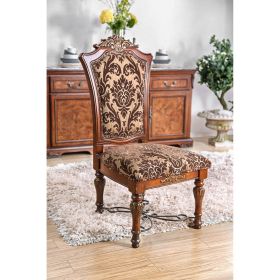 Set of 2 Cherry Brown Solid Wood Dining Chairs with Intricate Carved Floral Design Details, Printed Fabric Seats and Scroll Metal Accents