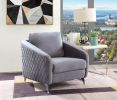 Sofia Gray Velvet Modern Chic Accent Armchair with Diamond Pattern Stitching and Chrome Metal Legs