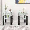 Set of 2, Modern Square End Tables with Clear Tempered Glass, Bottom Shelf and Iron Tube Support Frame