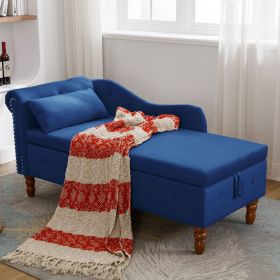 Navy Blue Velvet Chaise Lounge Chair with Hidden Storage Compartment, Matching Pillow and Nailhead Trim